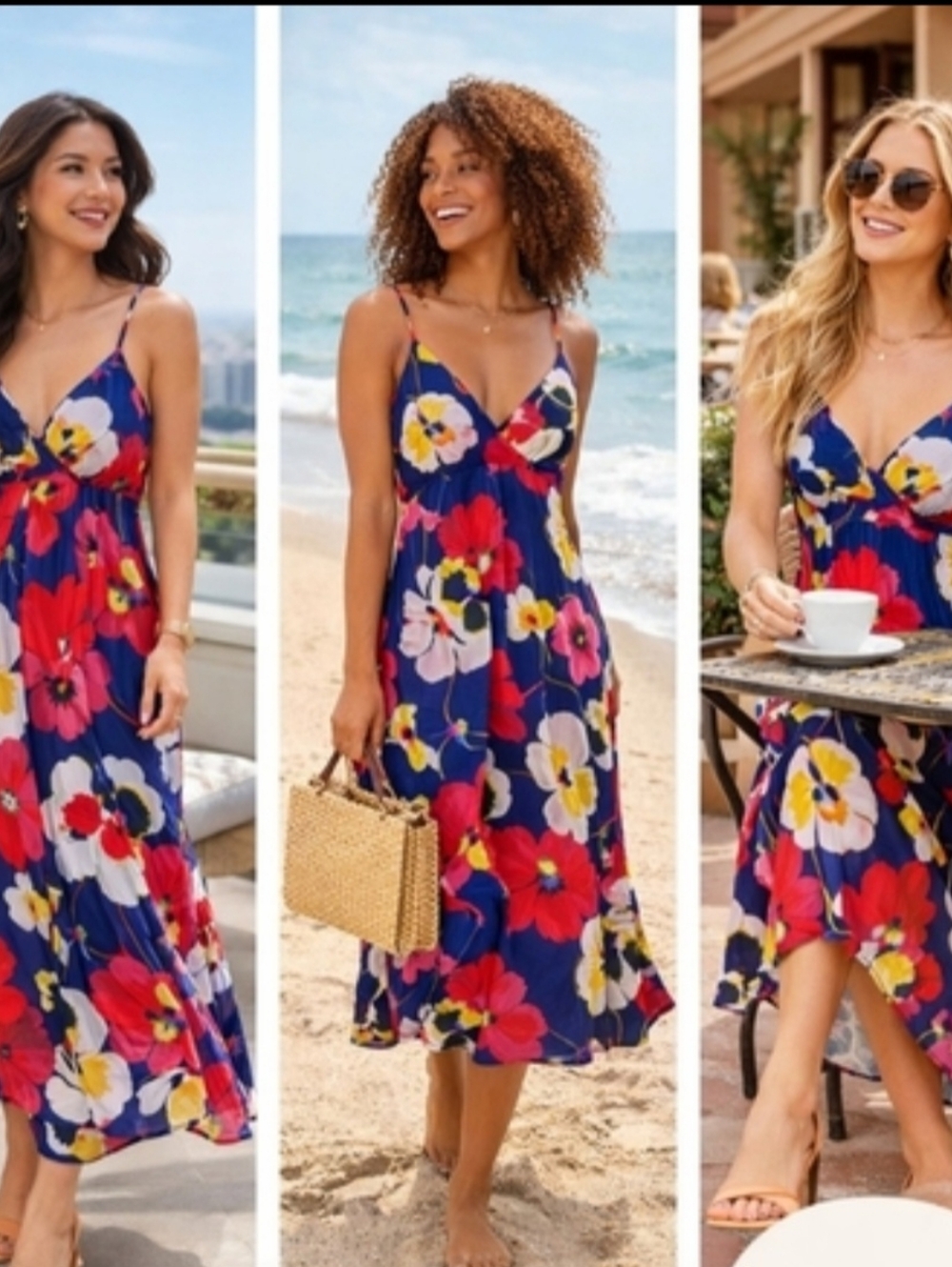 #0027 Lulu's Blue and Red Spaghetti Strap Midi Sundress New